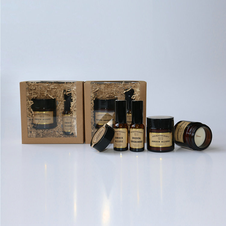 30ml glass bottle room spray and 2 candle in jar in nature box