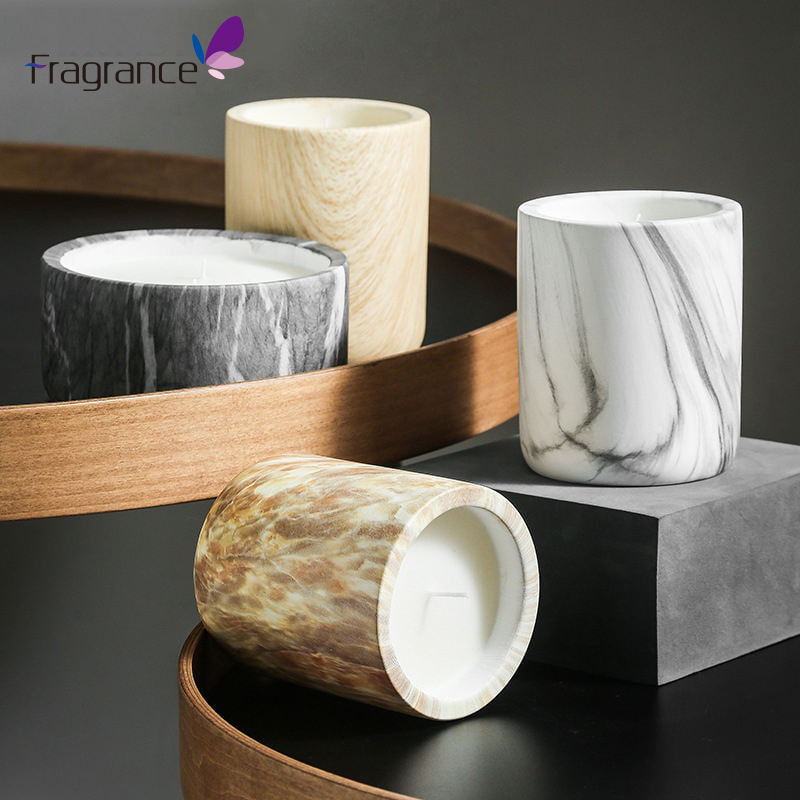 Custom Scent Package Wood Marble Grain Ceramic Jar Vessel Scented Candle